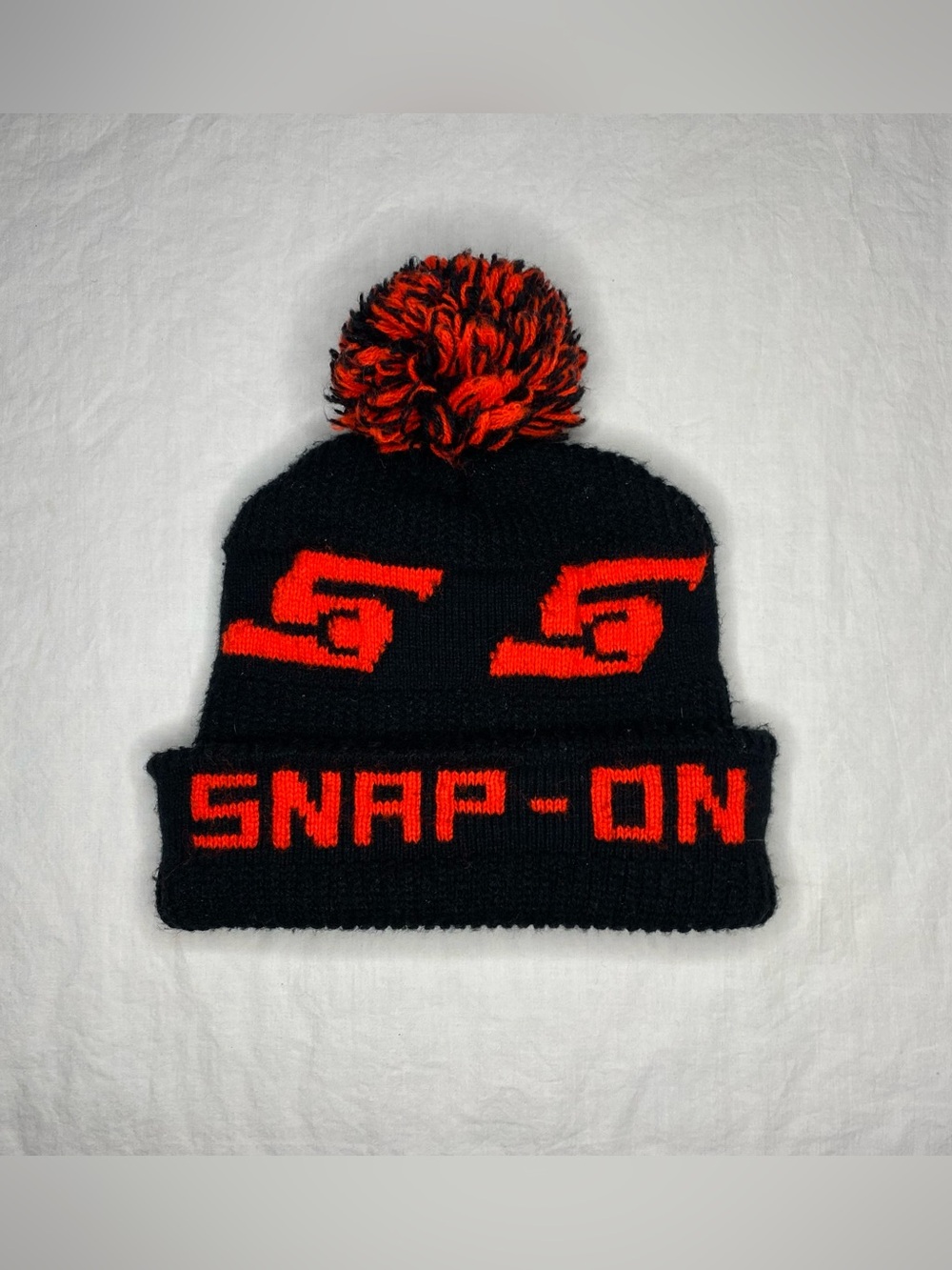 Snap-On Beanie Knit Cap Adult OSFM Black Red Pom Vintage